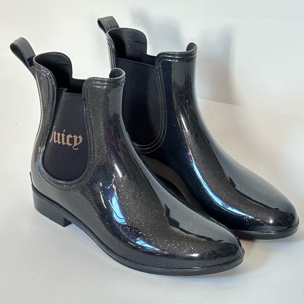 Juicy Couture Black Glitter Rain Boots | Chelsea Jelly Waterproof Size 8
